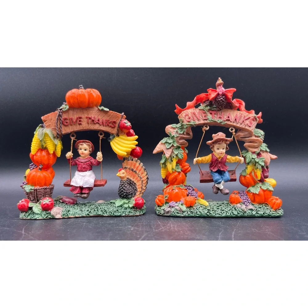 K's Collection Give Thanks Thanksgiving Figurines Pilgrim Boy Girl Swing Set 2